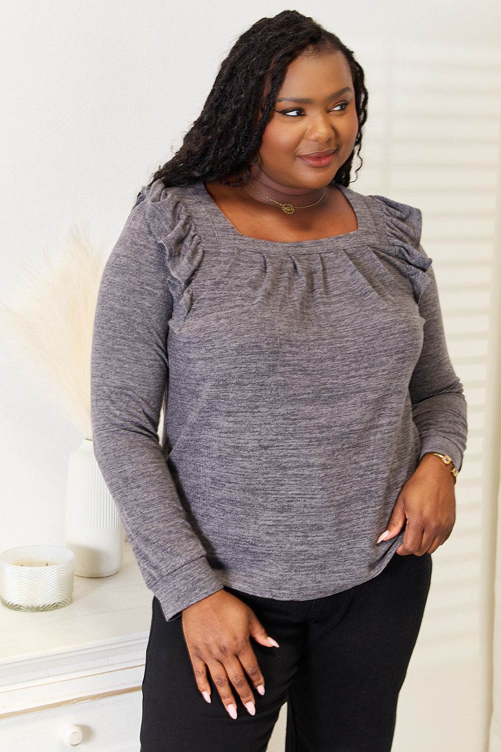Double Take Square Neck Ruffle Shoulder Long Sleeve T-Shirt - IntuitiveEncBoutique