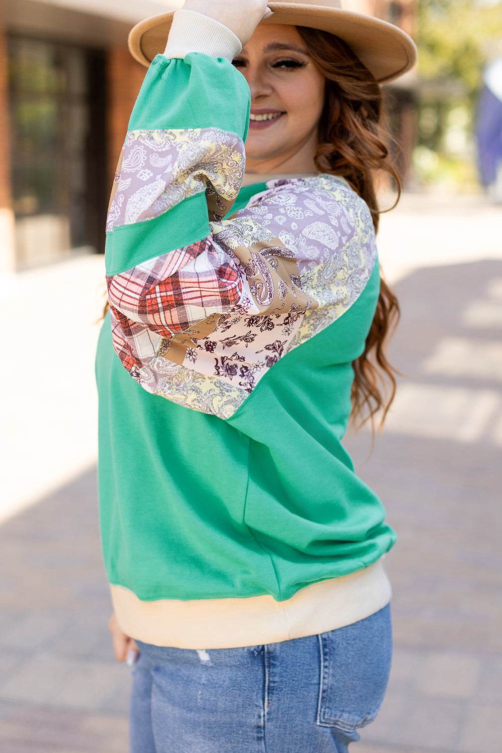 Sky Blue Plus Size Plaid Floral Patchwork Raglan Sleeve Sweatshirt - IntuitiveEncBoutique