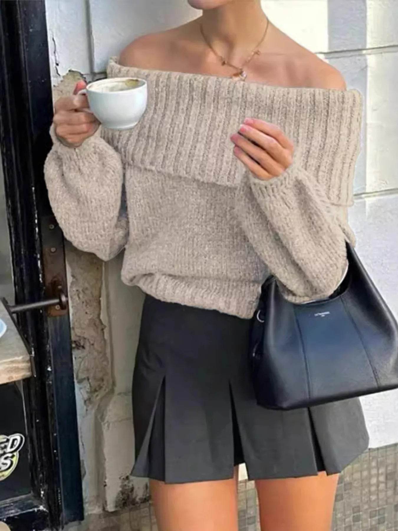 Off-Shoulder Ribbed Long Sleeve Sweater - IntuitiveEncBoutique
