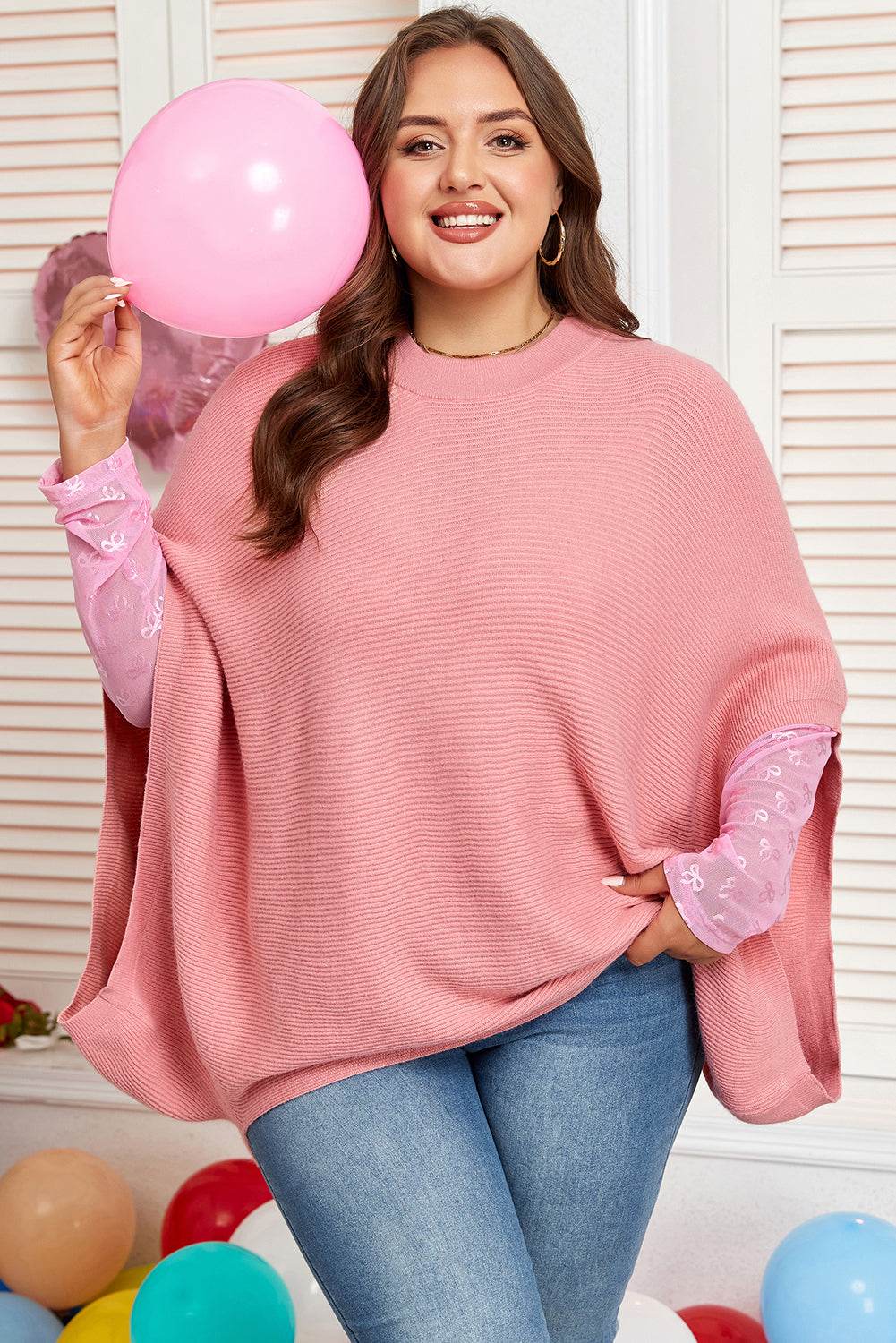 Light Pink Ribbed Knit Half Sleeve Plus Size Poncho Style Sweater - IntuitiveEncBoutique