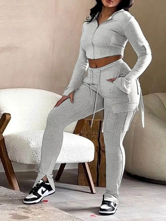 Full Size Zip Up Long Sleeve Hooded Top and Cargo Pants Set Plus Size - IntuitiveEncBoutique