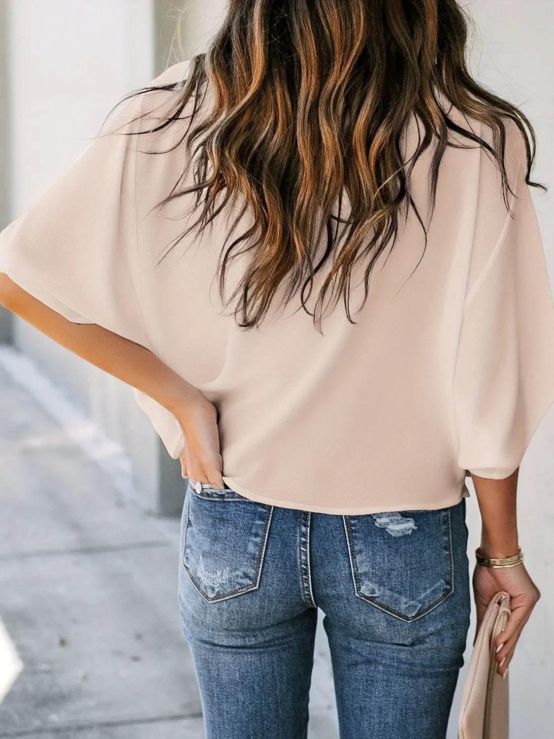 Full Size Ruched Three-Quarter Sleeve Blouse Plus Size - IntuitiveEncBoutique