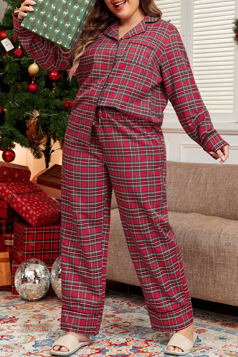 Red Plaid Printed Shirt and Pants Plus Size Lounge Set - IntuitiveEncBoutique