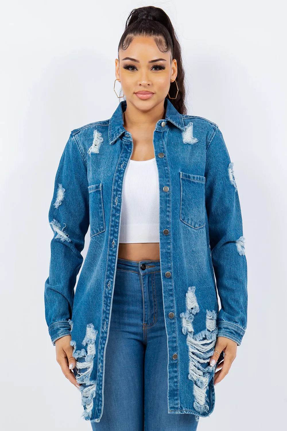 American Bazi Distressed Button Up Long Sleeve Denim Jacket - IntuitiveEncBoutique