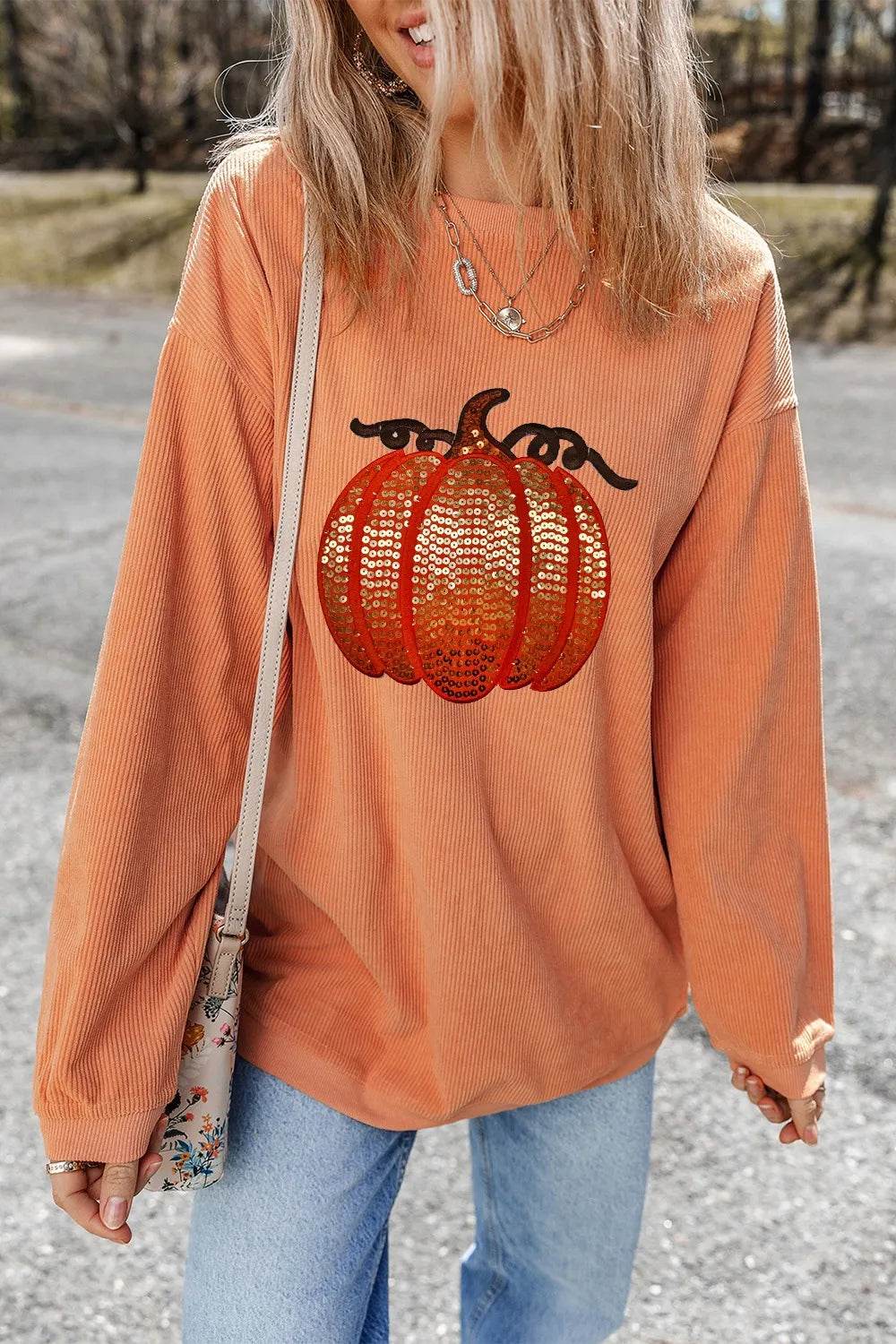 Sequin Pumpkin Round Neck Long Sleeve Sweatshirt - IntuitiveEncBoutique