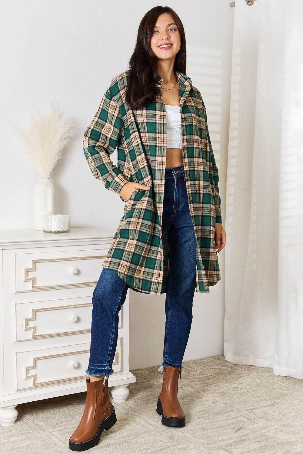 Mandy Plaid Collared Neck Long Sleeve Shirt - IntuitiveEncBoutique