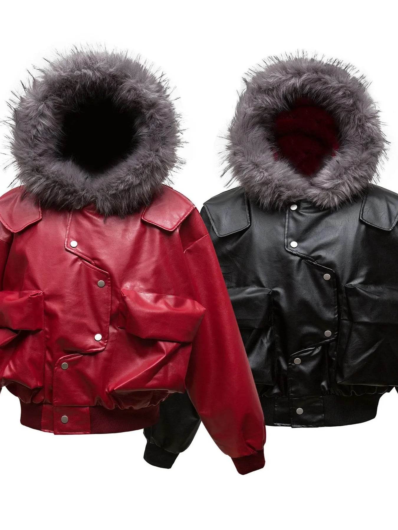 Men's Leather Bomber Jacket with Faux Fur Hood - IntuitiveEncBoutique