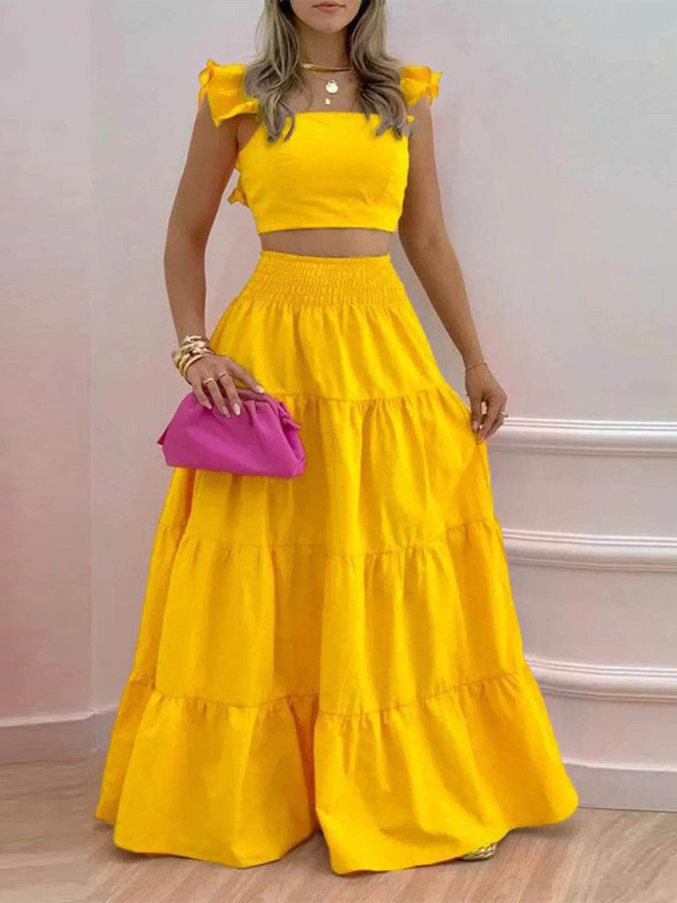 Full Size Ruffled Cami and Tiered Maxi Skirt Set Plus Size - IntuitiveEncBoutique