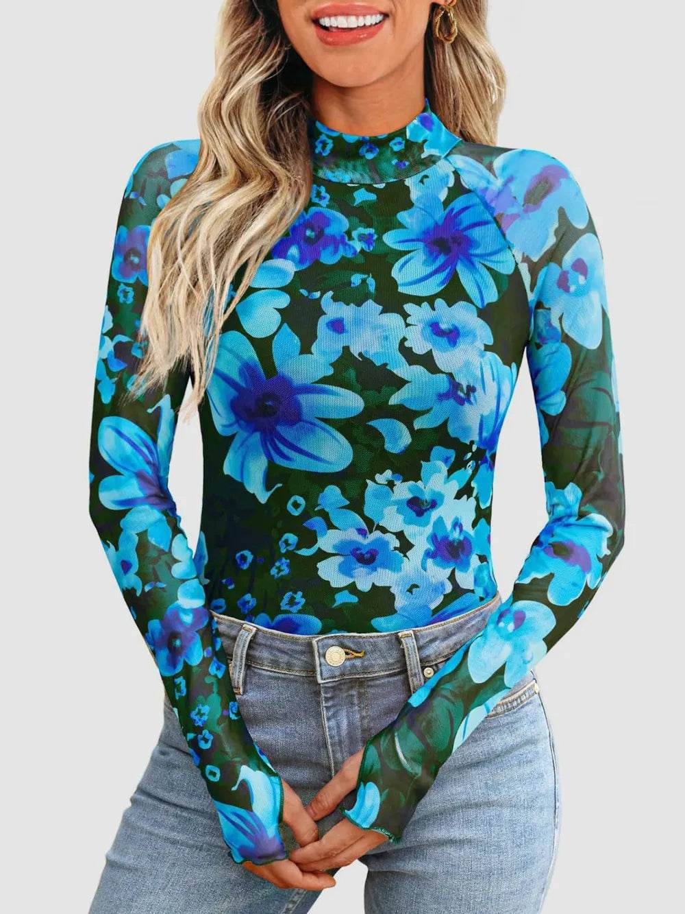 Floral Mock Neck Long Sleeve T-Shirt - IntuitiveEncBoutique