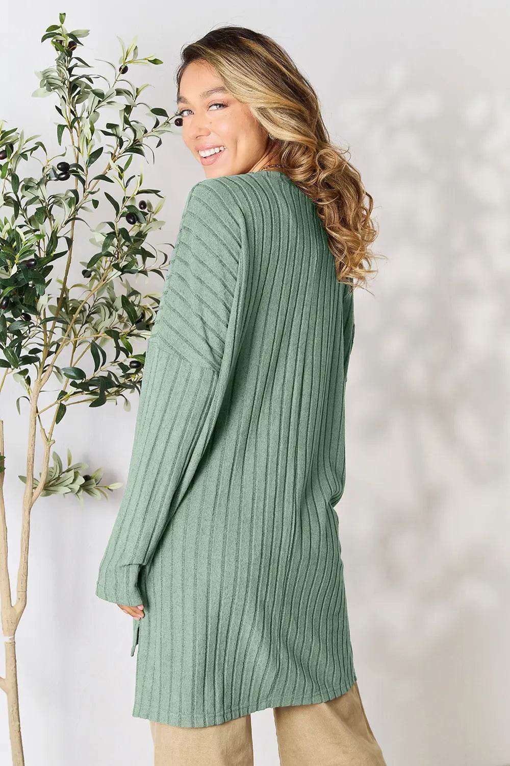 Basic Bae Full Size Ribbed Round Neck Long Sleeve Slit Top - IntuitiveEncBoutique