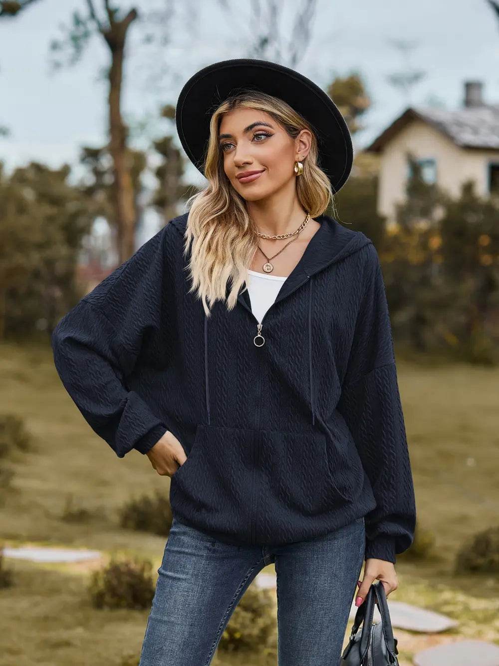 Zip Up Drawstring Long Sleeve Hooded Jacket - IntuitiveEncBoutique