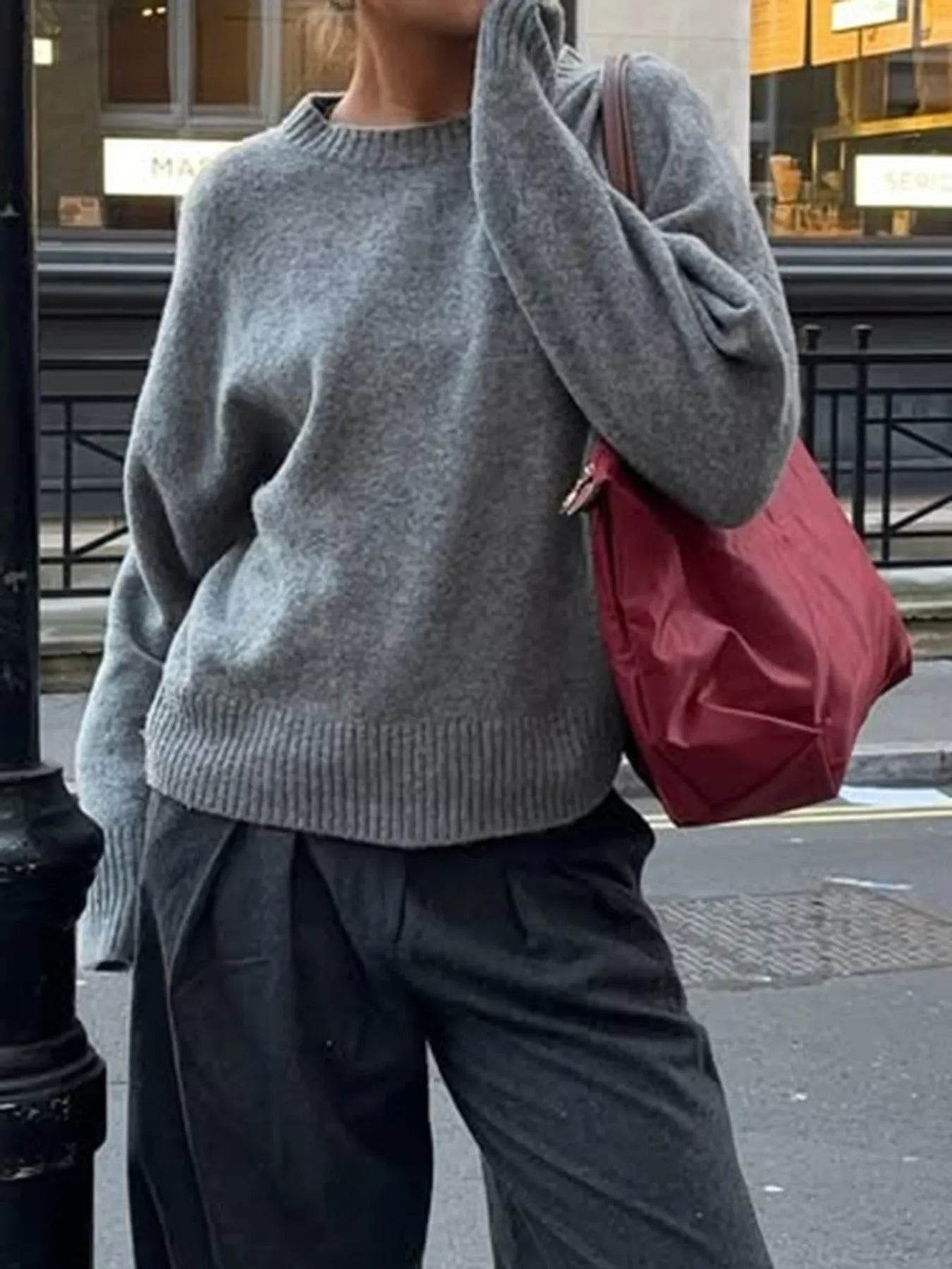 Ribbed Crewneck Drop Shoulder Sweater - IntuitiveEncBoutique
