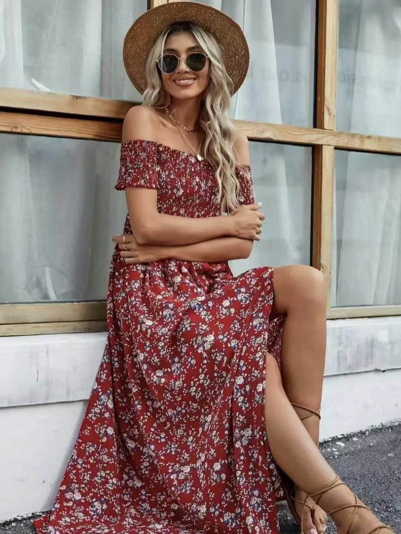 Full Size Slit Off-Shoulder Floral Midi Dress Plus Size - IntuitiveEncBoutique