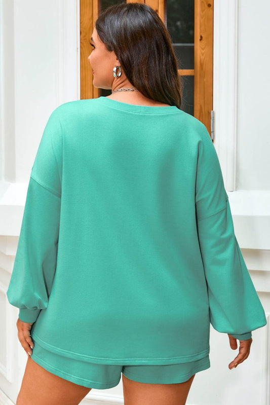 Sea Green Drop Shoulder V Neck Pullover Top and Drawstring Short Plus Size Set - IntuitiveEncBoutique