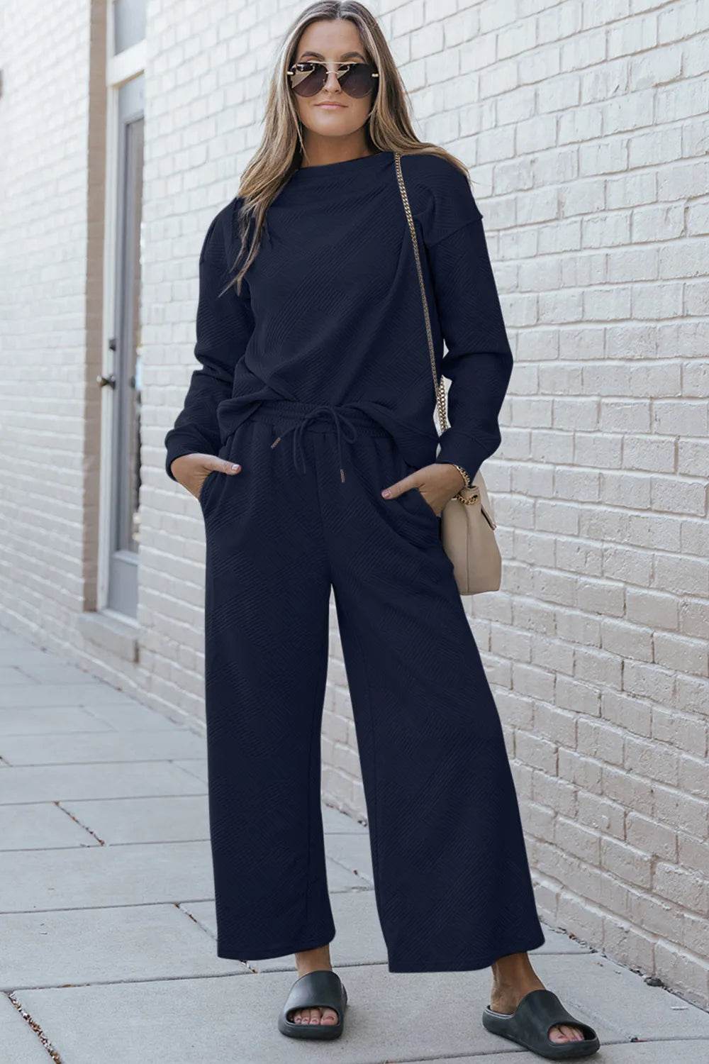 Double Take Full Size Textured Long Sleeve Top and Drawstring Pants Set - IntuitiveEncBoutique