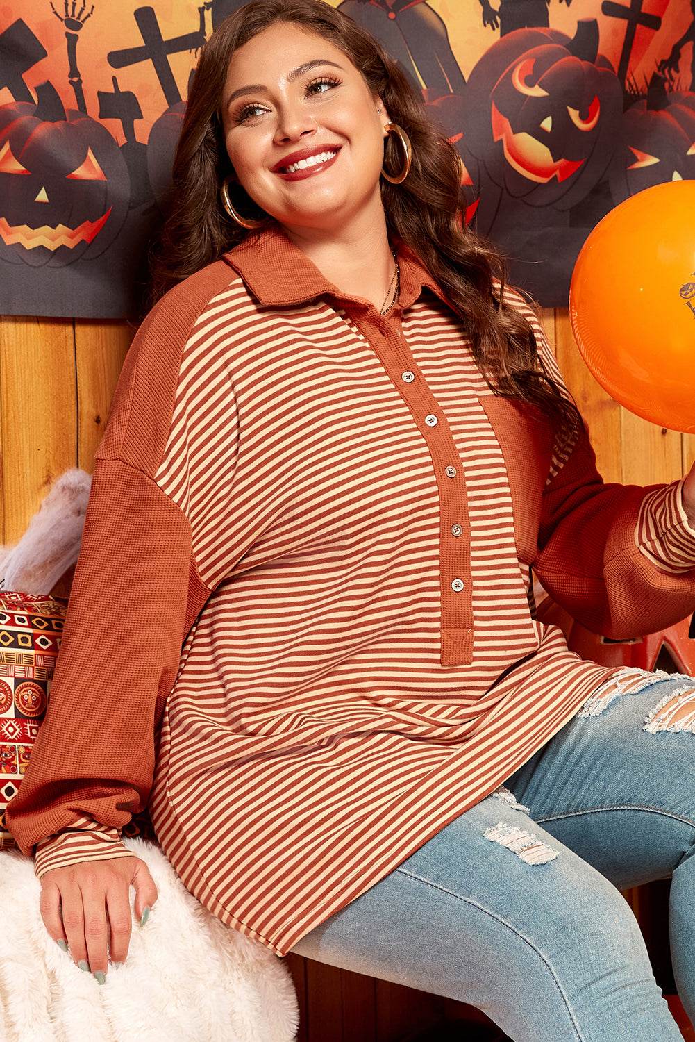Red Stripe Textured Patched Drop Shoulder Buttoned Plus Size Sweatshirt - IntuitiveEncBoutique