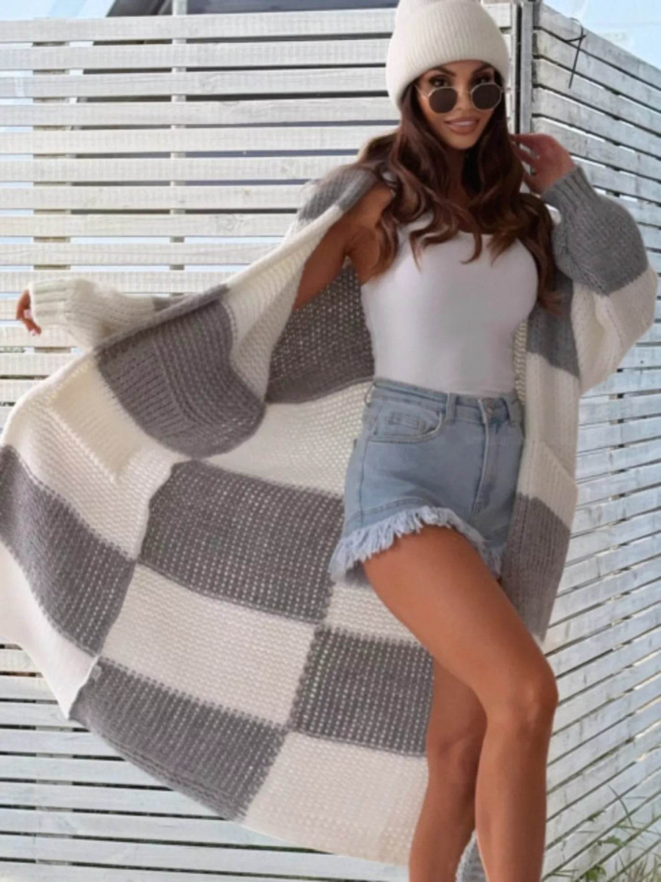 Color Block Long Sleeve Longline Cardigan Plus Size - IntuitiveEncBoutique