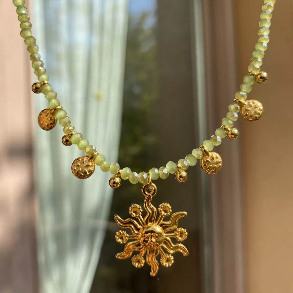 14K Gold-Plated Bead Sun Pendant Necklace - IntuitiveEncBoutique