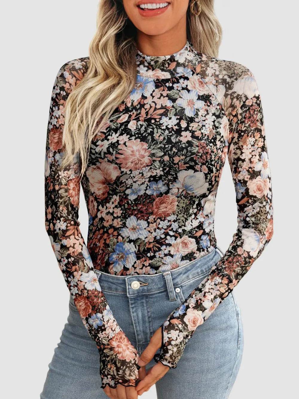 Floral Mock Neck Long Sleeve T-Shirt - IntuitiveEncBoutique