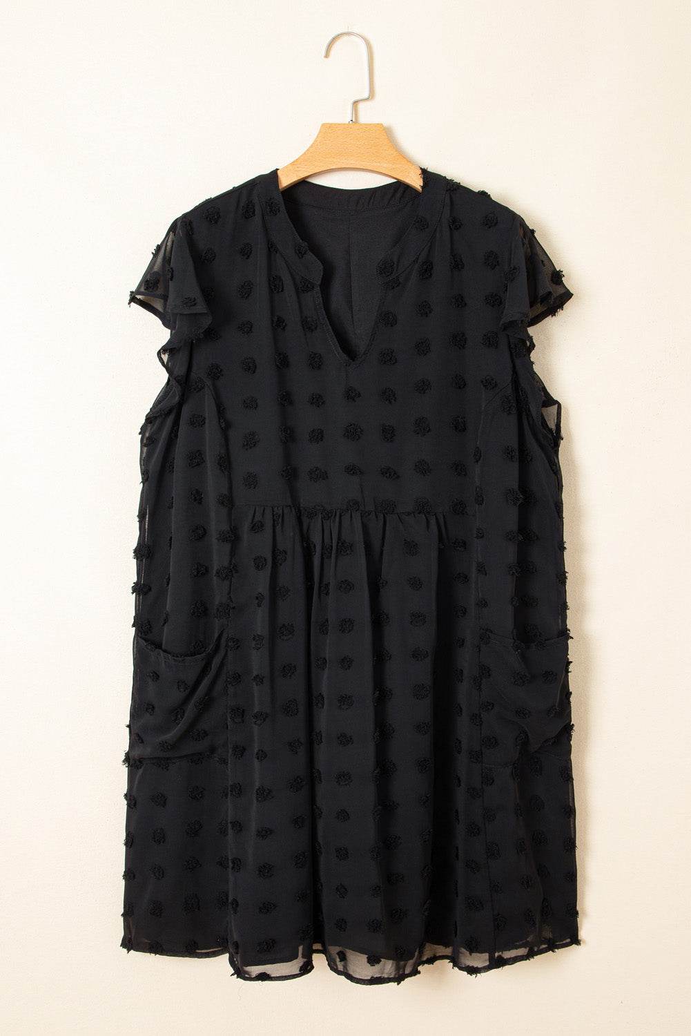 Black Dotty Textured Notched Neck Plus Ruffled Dress - IntuitiveEncBoutique