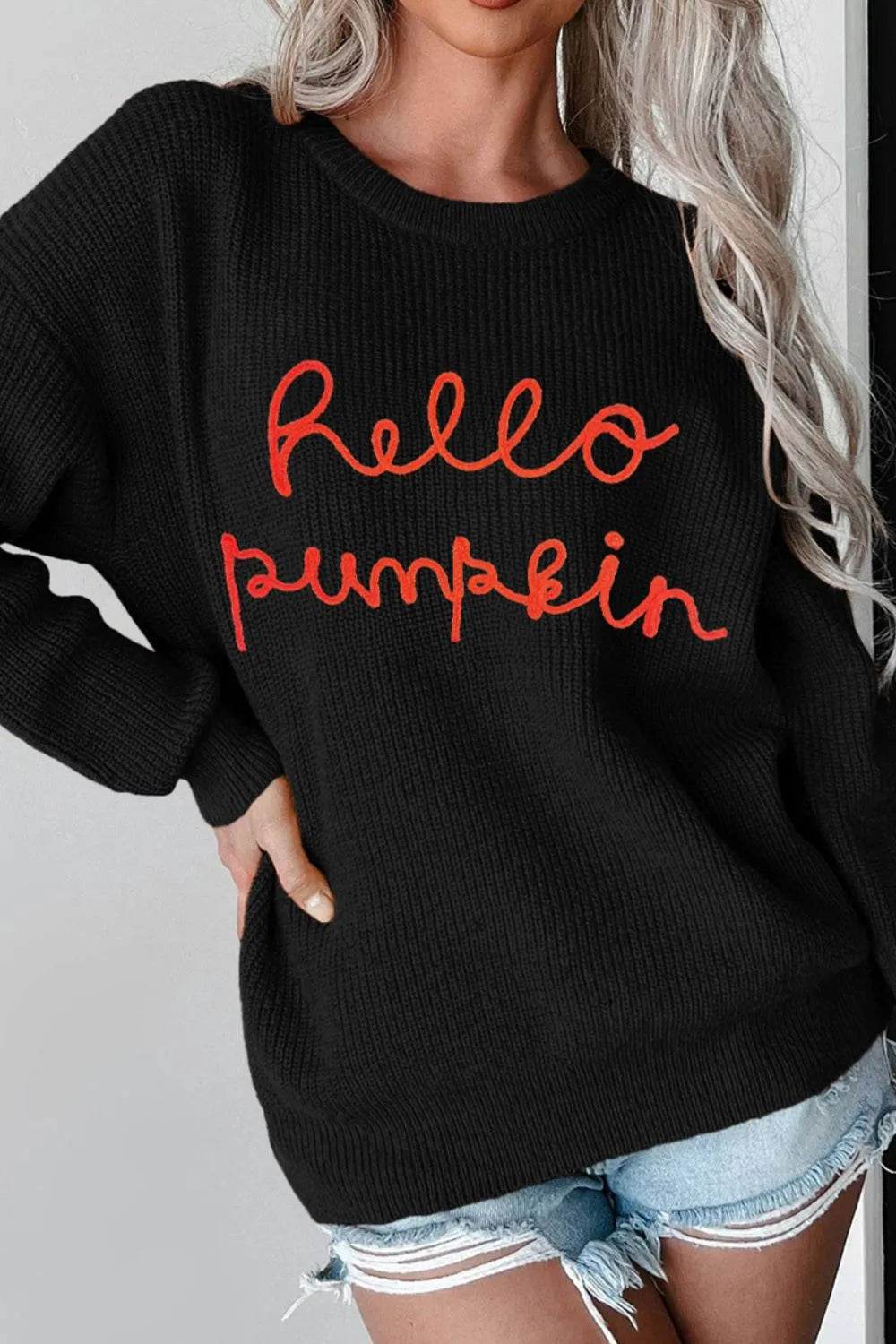 HELLO PUMPKIN Round Neck Long Sleeve Sweater - IntuitiveEncBoutique