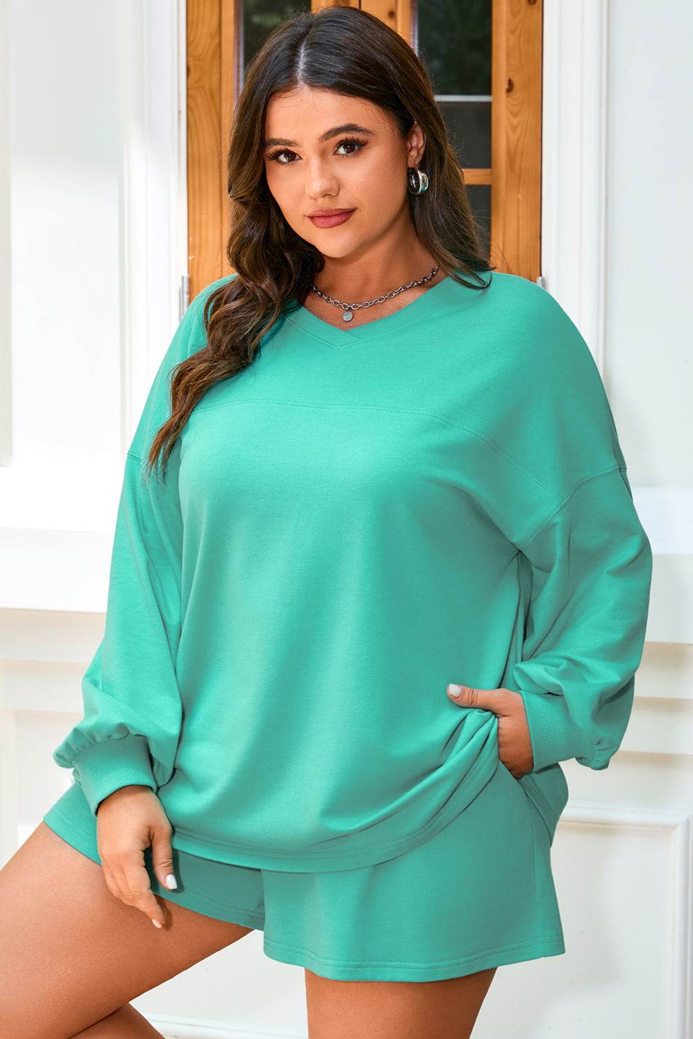 Sea Green Drop Shoulder V Neck Pullover Top and Drawstring Short Plus Size Set - IntuitiveEncBoutique