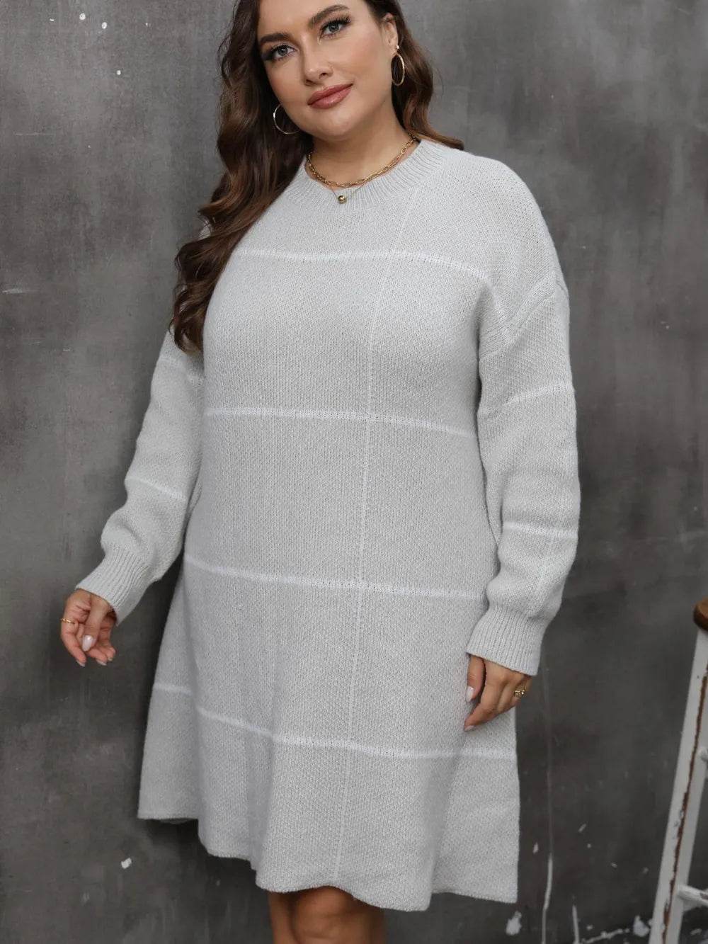 Plus Size Round Neck Long Sleeve Sweater Dress - IntuitiveEncBoutique