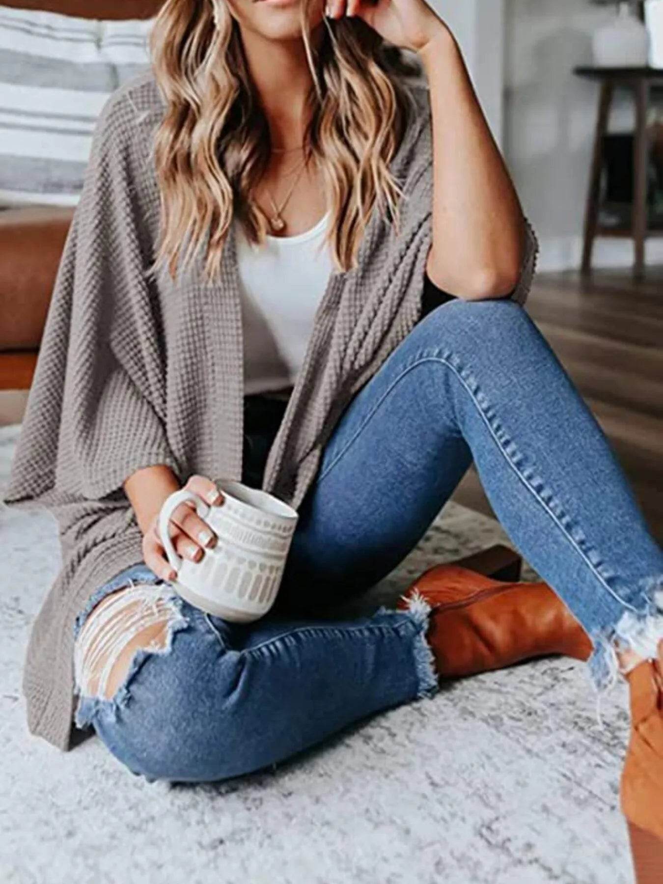 Full Size Open Front Waffle Knit Cardigan Plus Size - IntuitiveEncBoutique