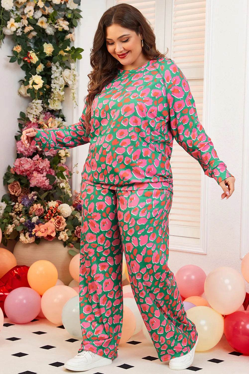 Plus Size Printed Round Neck Long Sleeve Top and Pants Set - IntuitiveEncBoutique