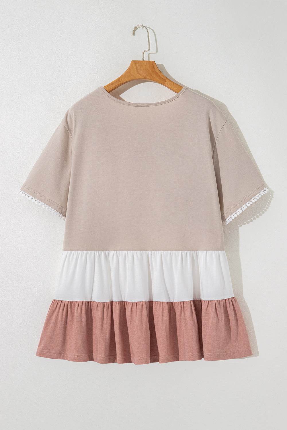 Beige Plus Size Color Block Lace Trim Ruffled Blouse - IntuitiveEncBoutique