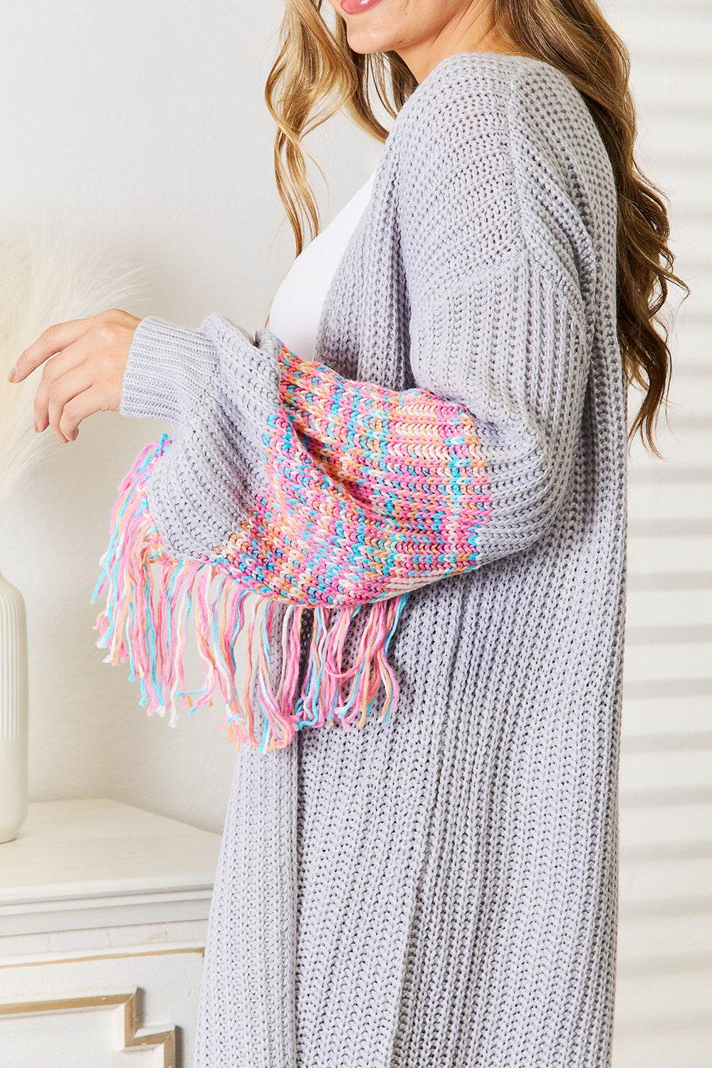Woven Right Fringe Sleeve Dropped Shoulder Cardigan - IntuitiveEncBoutique