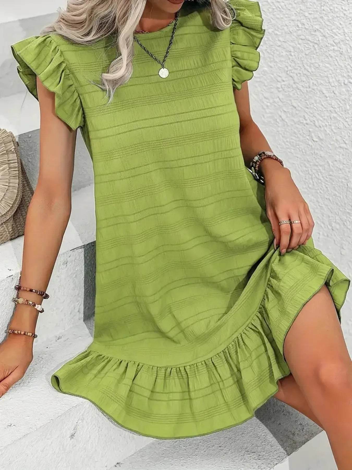 Plus Size Ruffle Hen Cap Sleeve Mini Dress - IntuitiveEncBoutique