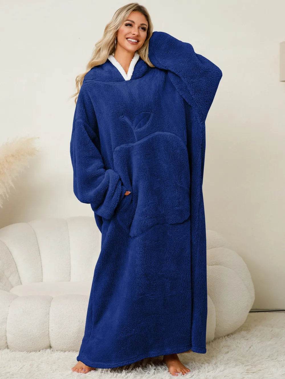 Pocketed Contrast Long Sleeve Hooded Lounge Dress - IntuitiveEncBoutique