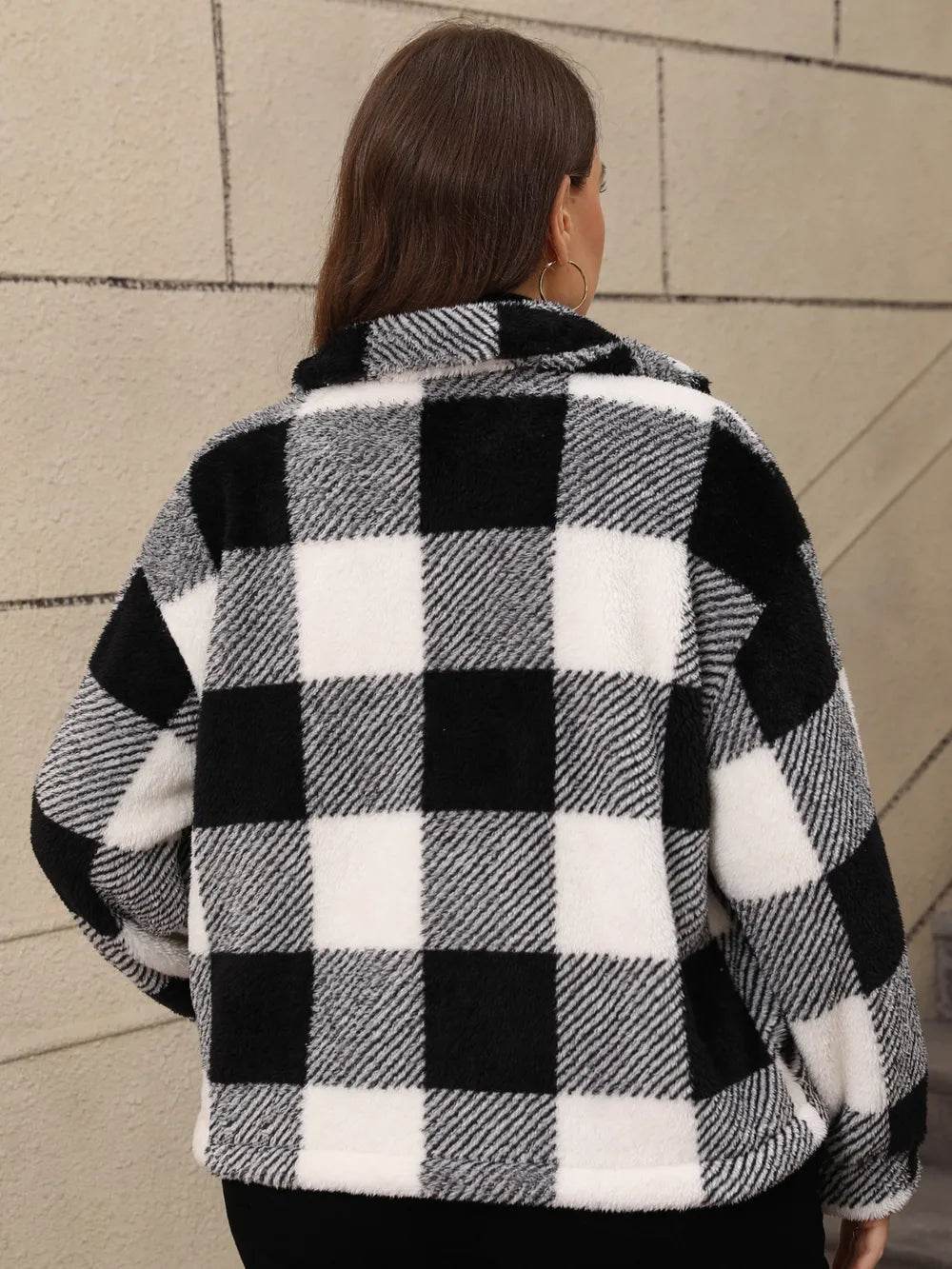 Plus Size Pocketed Plaid Collared Neck Jacket - IntuitiveEncBoutique