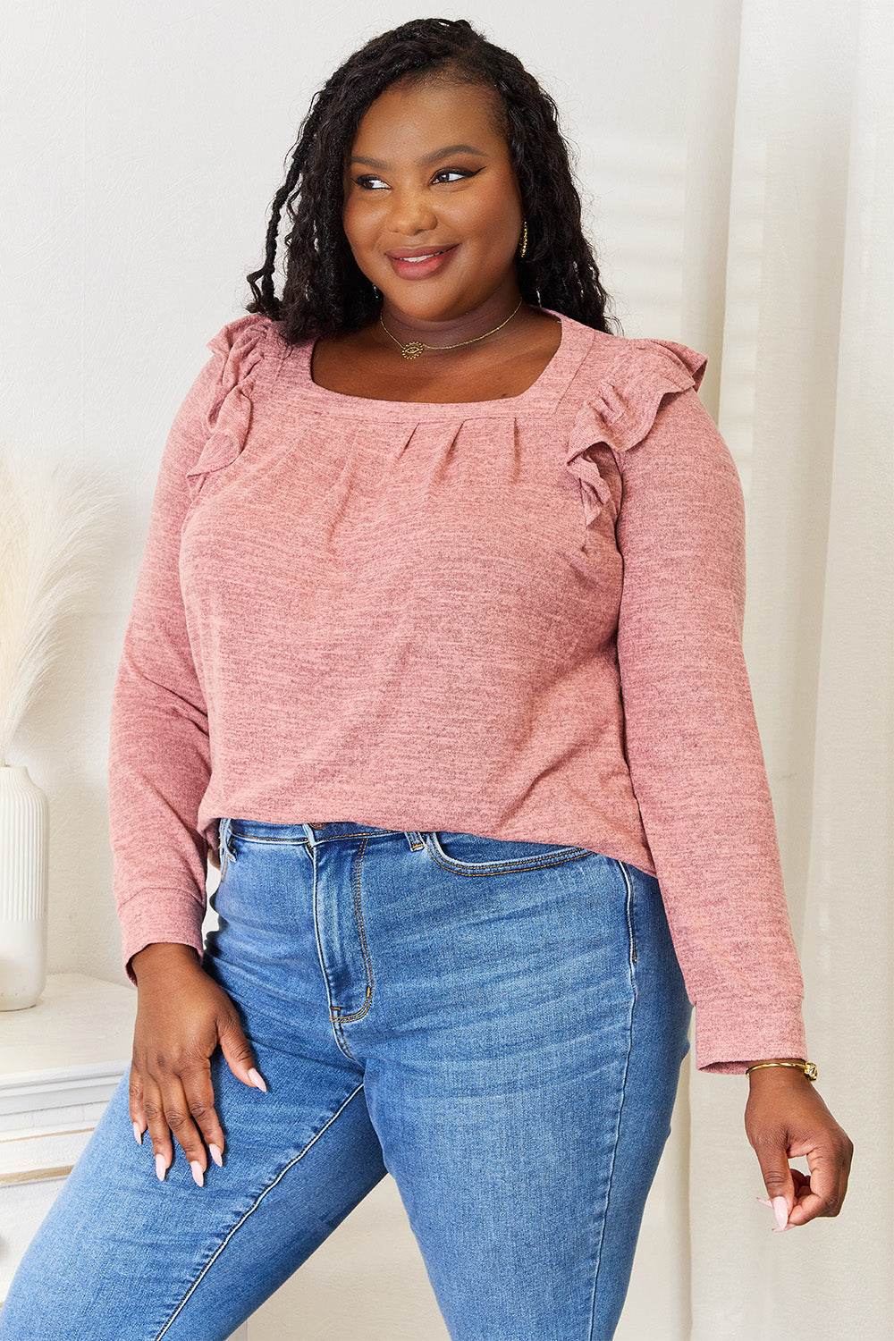 Double Take Square Neck Ruffle Shoulder Long Sleeve T-Shirt - IntuitiveEncBoutique