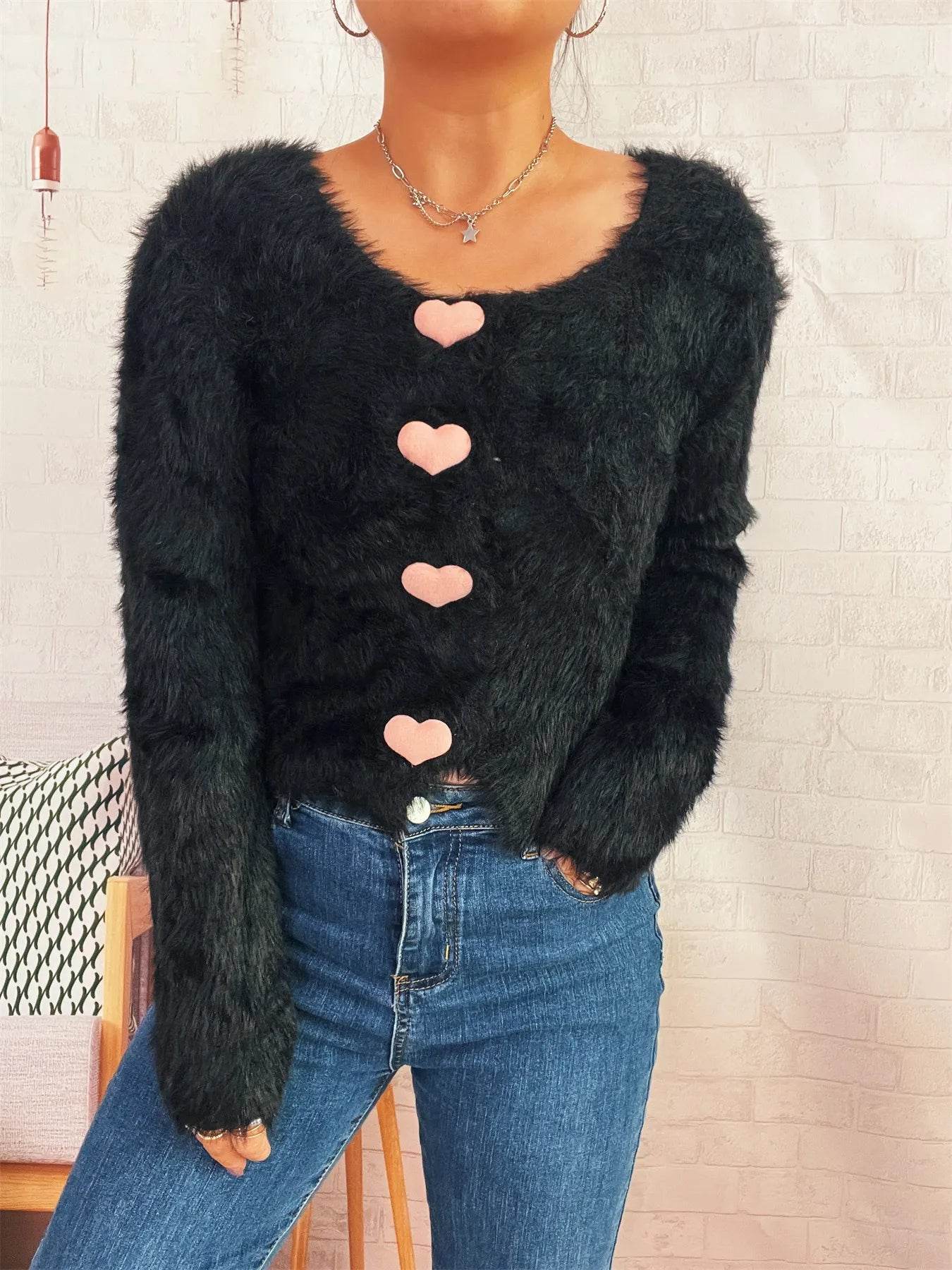Fuzzy Heart Shape Button-Up Cardigan - IntuitiveEncBoutique