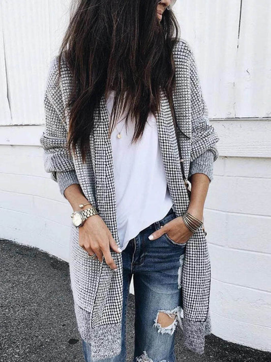 Contrast Plaid Longline Cardigan with Ribbed Trim - IntuitiveEncBoutique