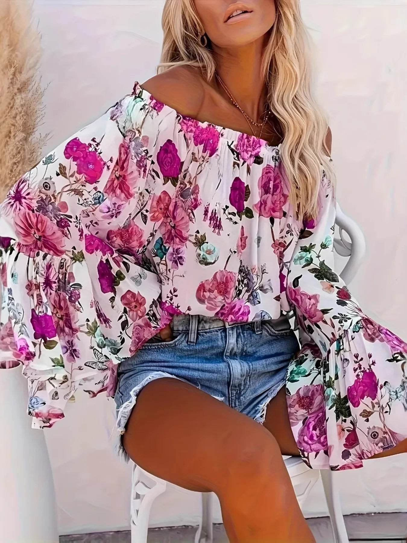 Full Size Floral Off-Shoulder Bell Sleeve Blouse Plus Size - IntuitiveEncBoutique