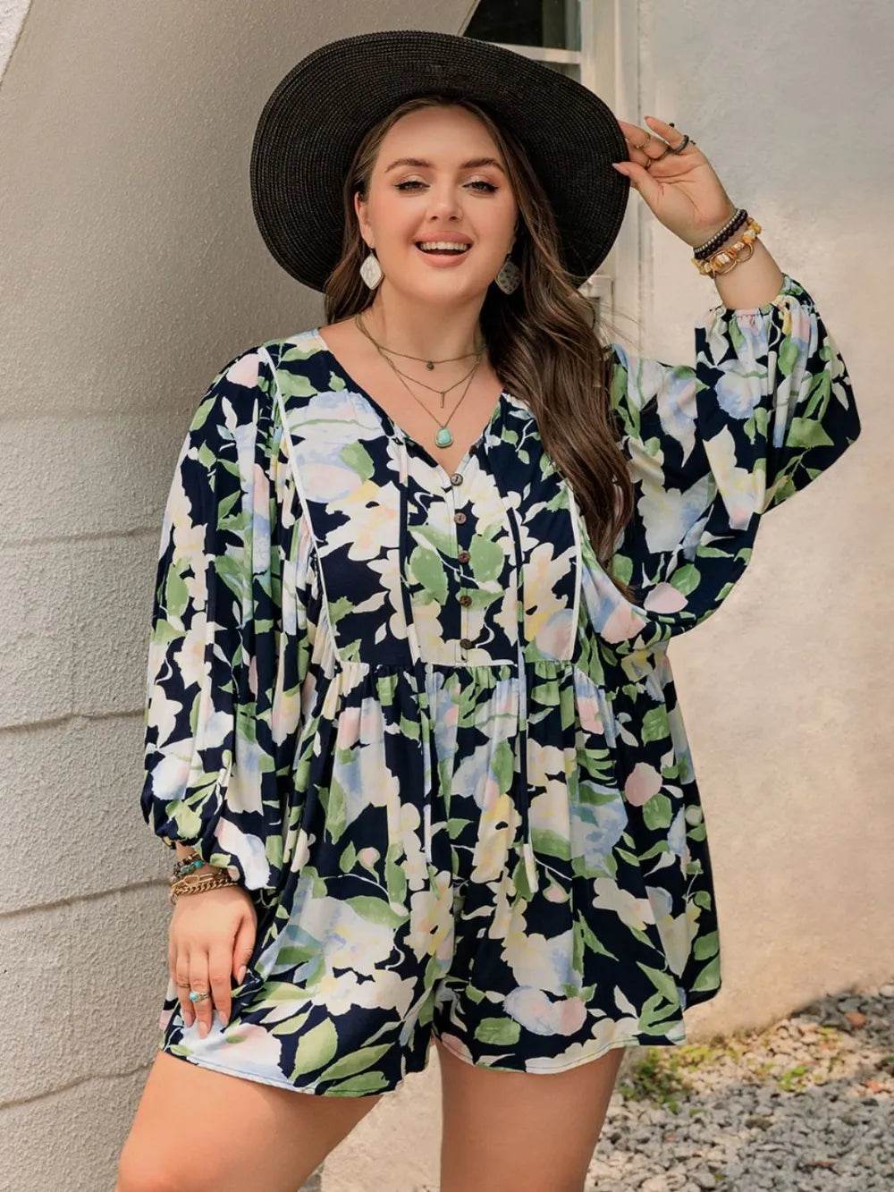 Plus Size Tied Printed Long Sleeve Romper - IntuitiveEncBoutique