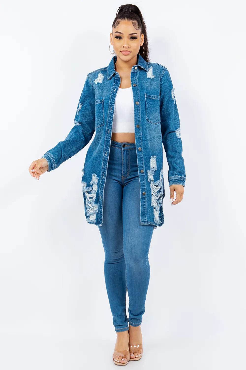 American Bazi Distressed Button Up Long Sleeve Denim Jacket - IntuitiveEncBoutique