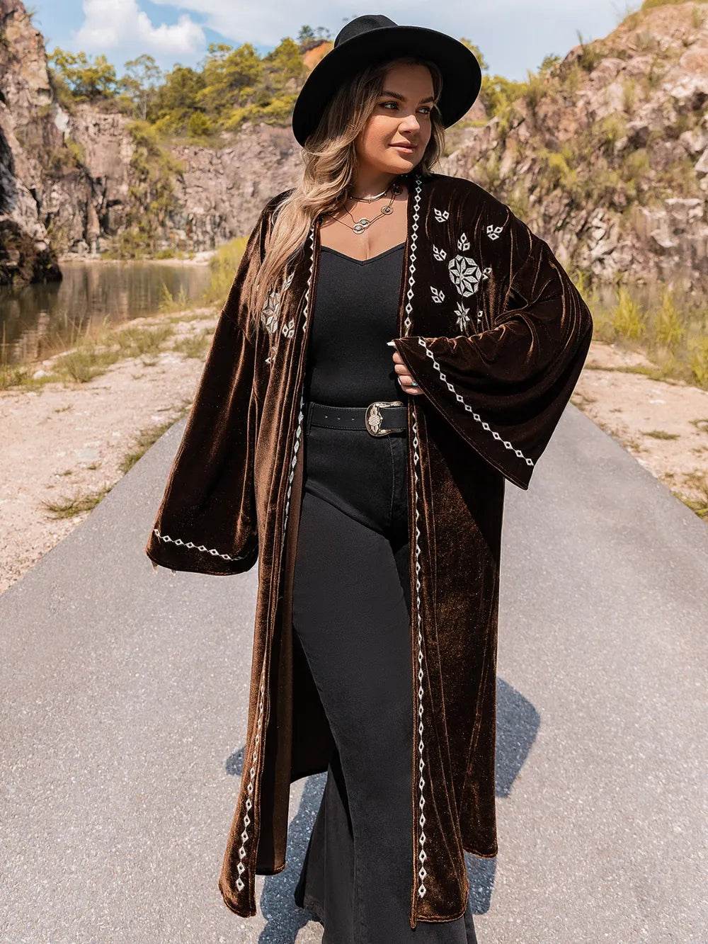 Plus Size Embroidery Open Front Long Sleeve Cardigan - IntuitiveEncBoutique