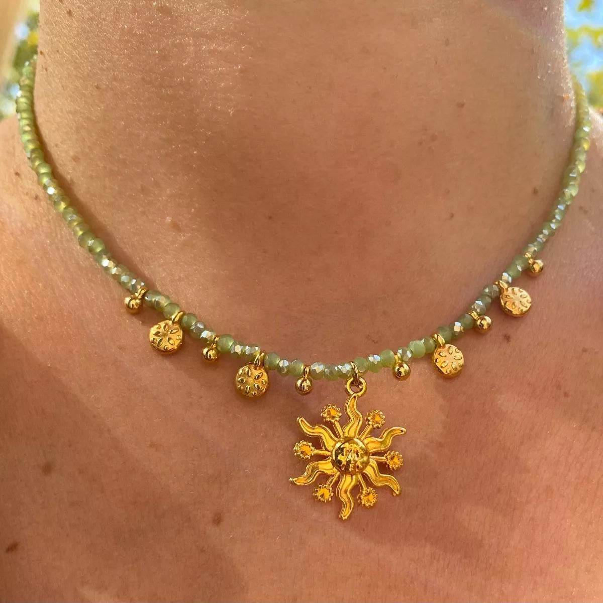14K Gold-Plated Bead Sun Pendant Necklace - IntuitiveEncBoutique