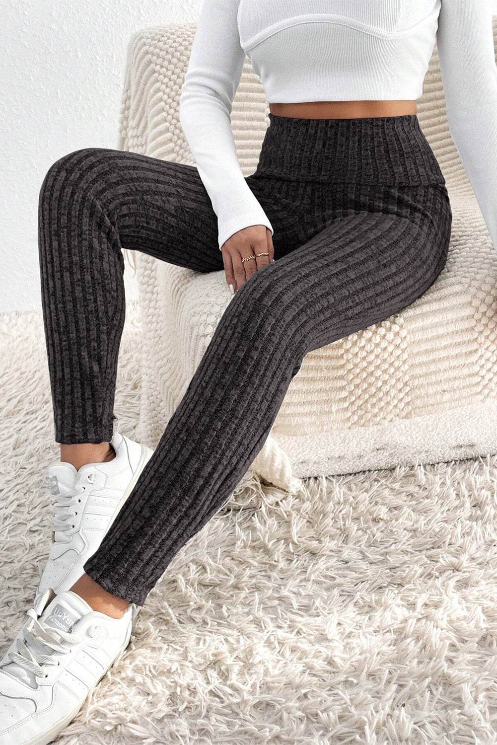 Dark Grey Wide Waistband Ribbed Textured Knit Leggings - IntuitiveEncBoutique