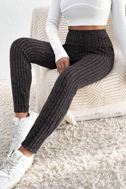 Dark Grey Wide Waistband Ribbed Textured Knit Leggings - IntuitiveEncBoutique