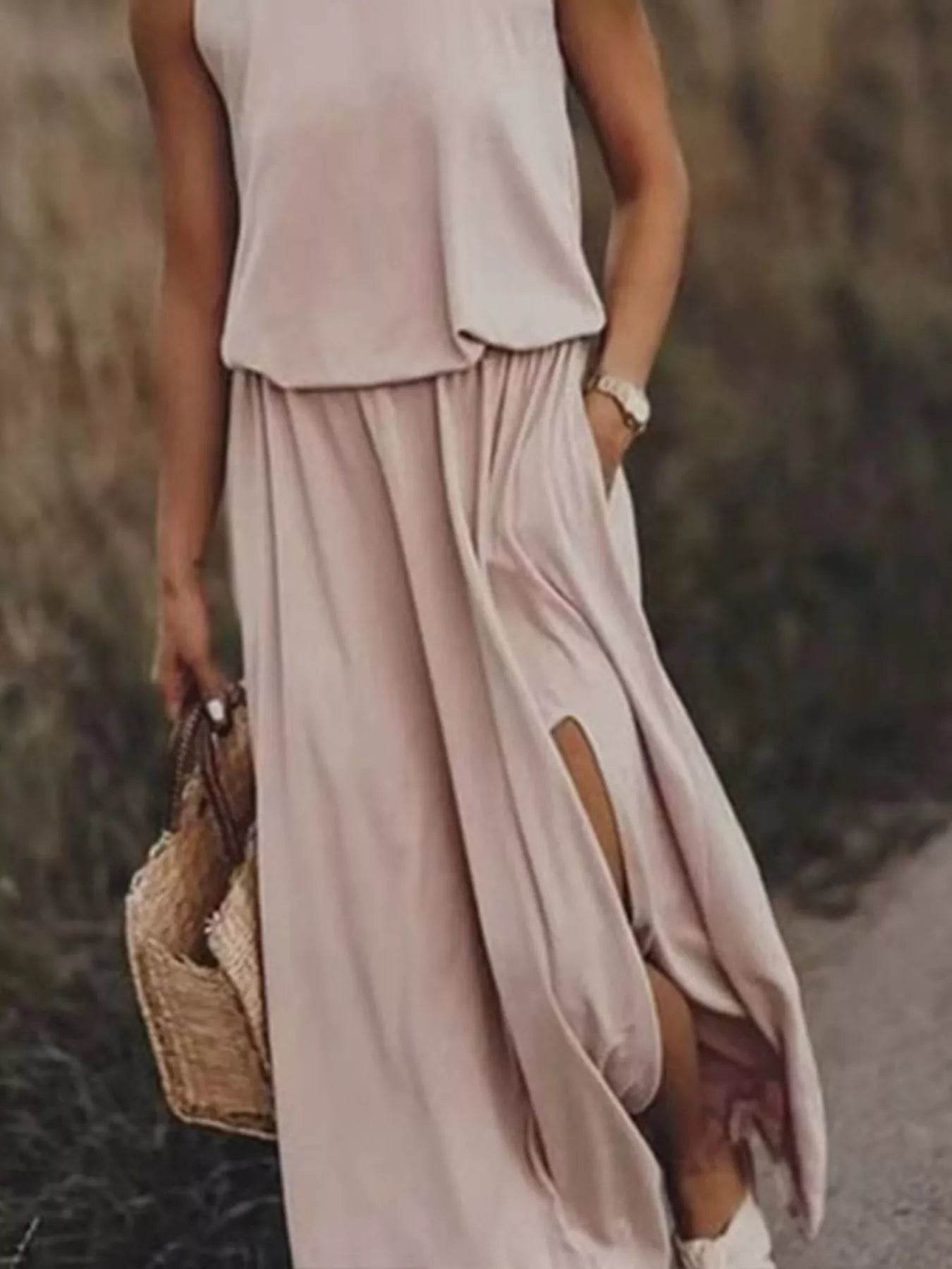 Full Size Round Neck Sleeveless Slit Maxi Dress Plus Size - IntuitiveEncBoutique