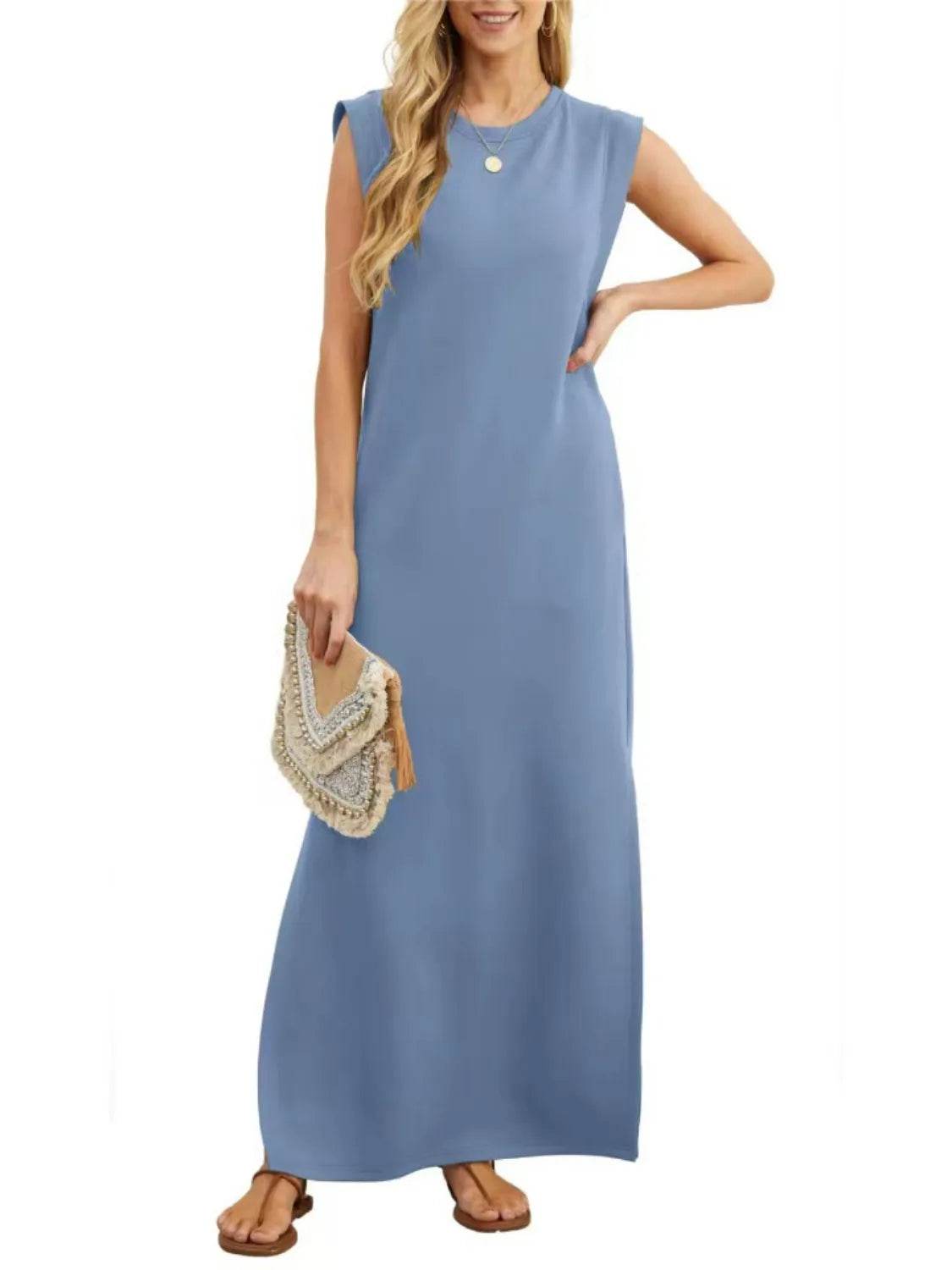 Full Size Slit Round Neck Sleeveless Maxi Tank Dress Plus Size - IntuitiveEncBoutique