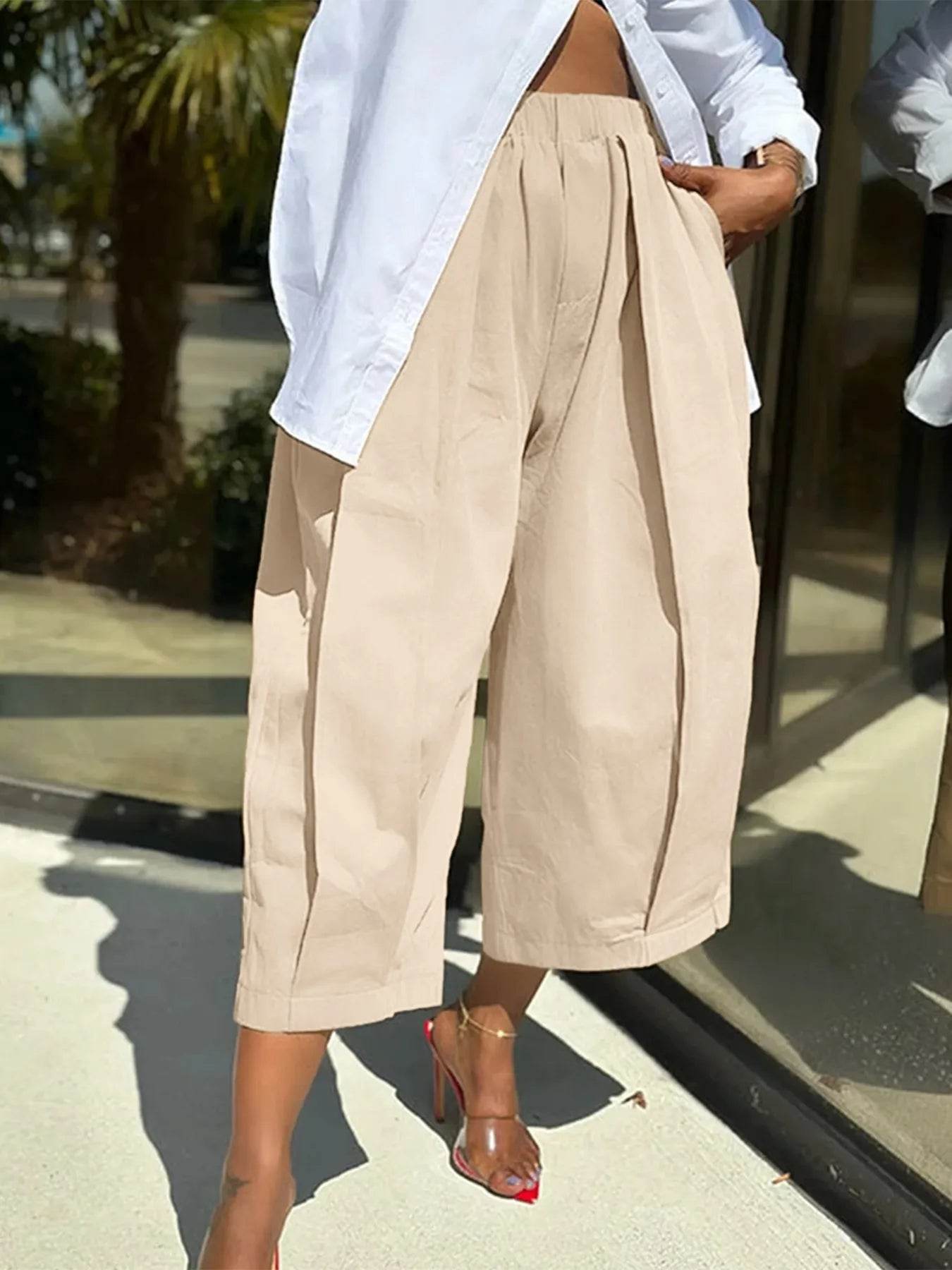 Plus Size Wide Leg Pleated Detail Cropped Pants - IntuitiveEncBoutique