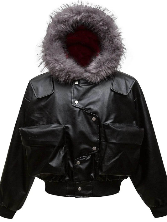 Men's Leather Bomber Jacket with Faux Fur Hood - IntuitiveEncBoutique