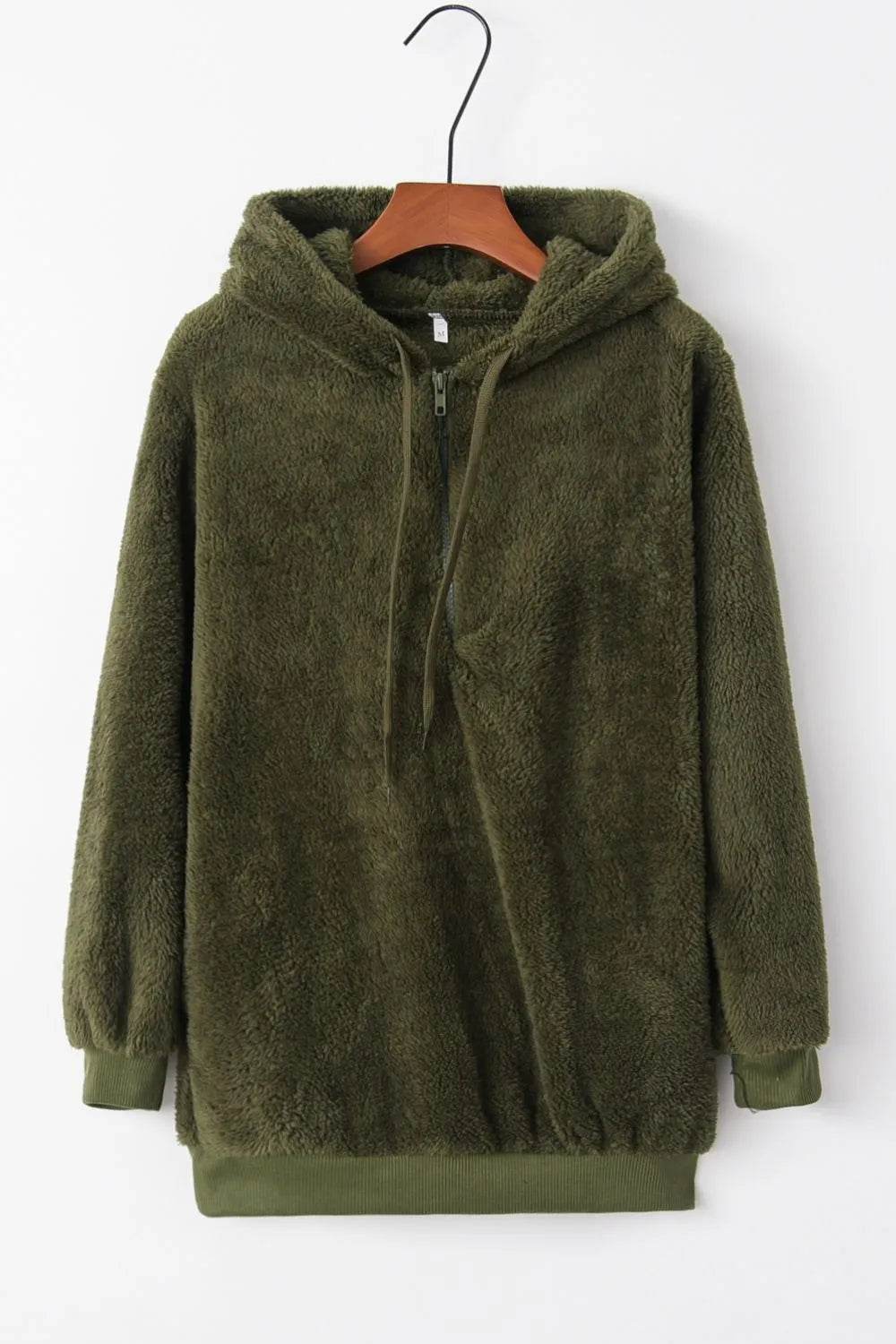 Full Size Quarter-Zip Drawstring Teddy Hoodie - IntuitiveEncBoutique