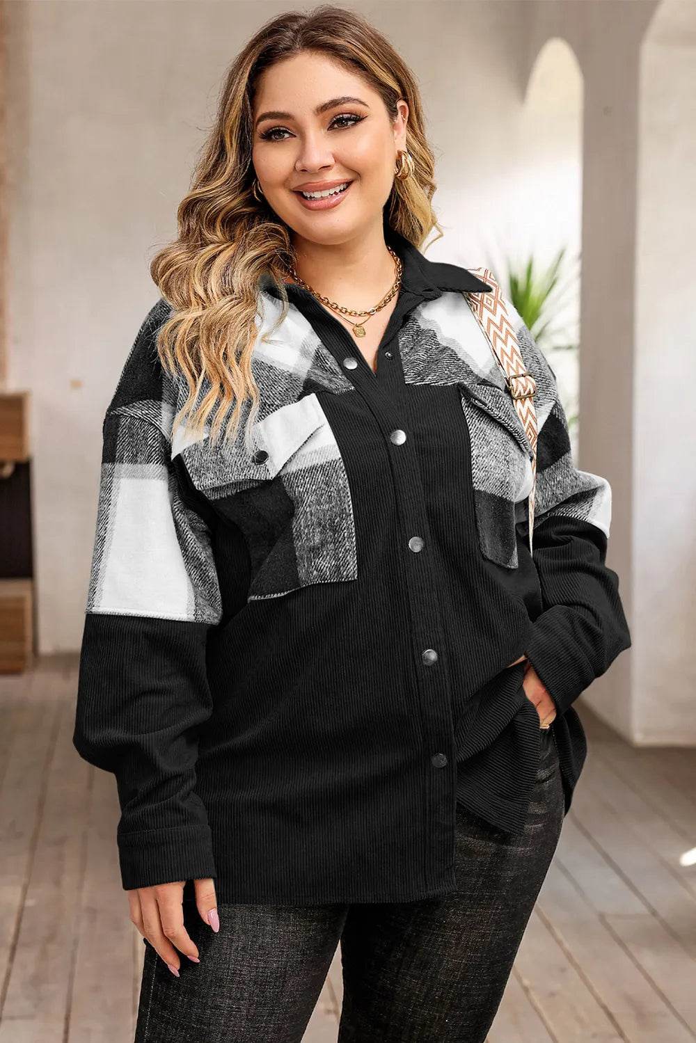 Plus Size Plaid Snap Down Jacket with Pockets - IntuitiveEncBoutique